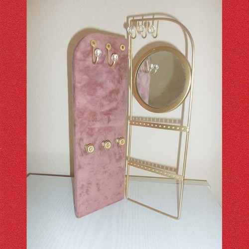 Jewelry Stand with Metal Frame and Round Mirror used, gold color
