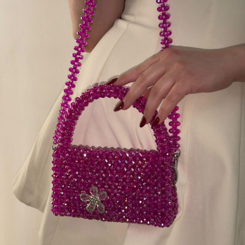 Handmade shoulder bag with crystal beads in fuchsia-pink
