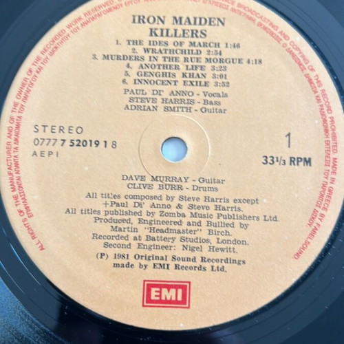 Iron Maiden Killers LP vinyl 1981 first press mint condition