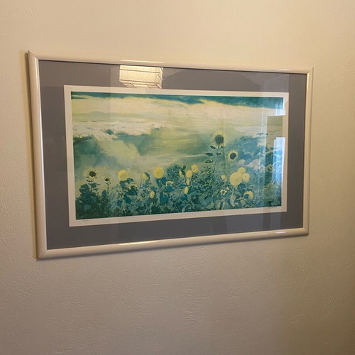 Silk screen printing used with frame and sunflowers