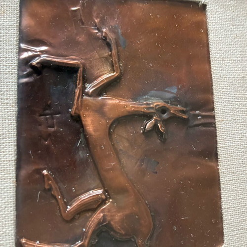 Copper embossed artwork used, vintage 1970 with deer in wooden frame