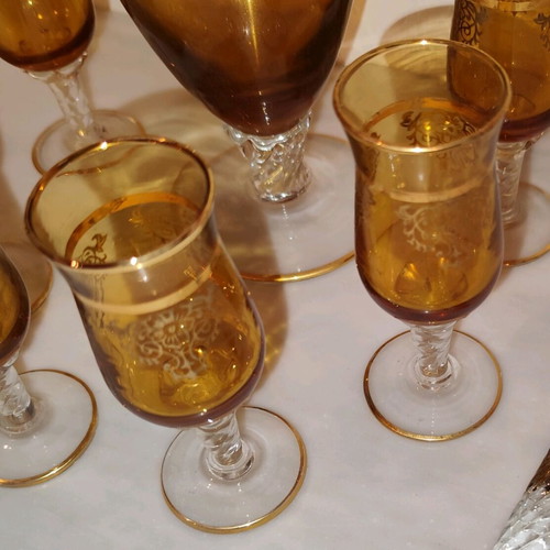 Liqueur set used, decanter with stopper and 6 glasses, antique 1930
