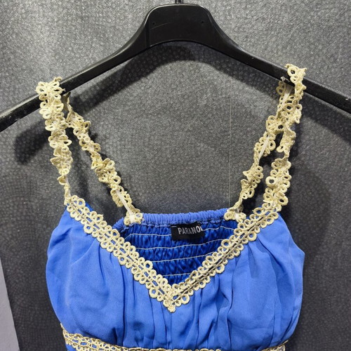Paranoia cocktail dress like new, blue with gold lace details