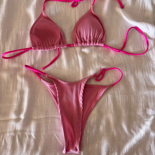 Pink women's bikini set used, high-waisted Brazil style with side strings