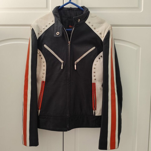 Vintage Iso leather motorcycle jacket used, size medium, black and white