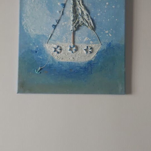 Handcrafted embossed painting with sailboat nautical theme used