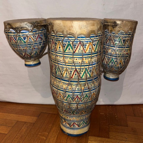Handmade clay bongo with leather used, from Maghreb