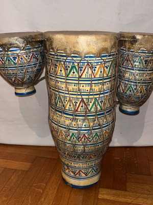 Handmade clay bongo with leather used, from Maghreb