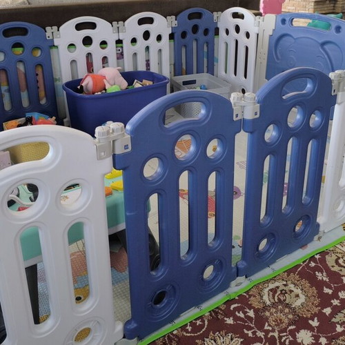Baby Playpen Large Expandable with Double-Sided Mat, Blue/White