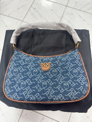 Pinko hobo bag, blue denim with brown leather details