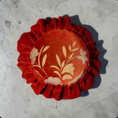 Vintage round velvet pillow with embossed floral motif, like new