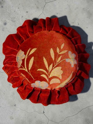 Vintage round velvet pillow with embossed floral motif, like new