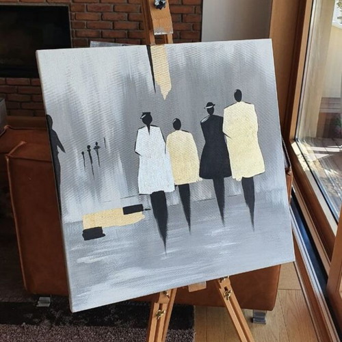 Abstract figurative painting with acrylic and gold leaf, new