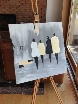 Abstract figurative painting with acrylic and gold leaf, new