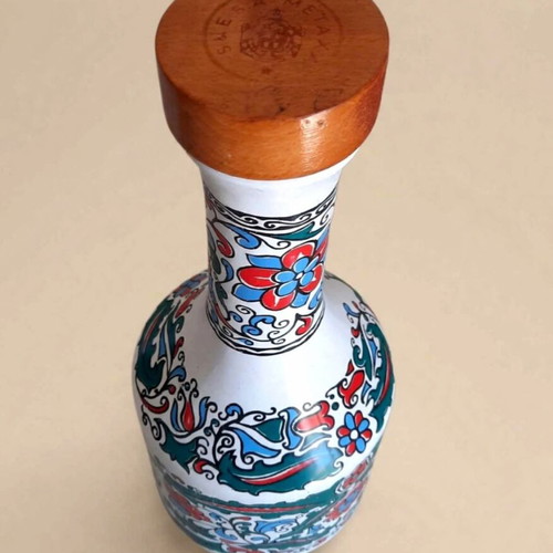 Metaxa vintage ceramic bottle 1970s Iznik floral with wooden stopper