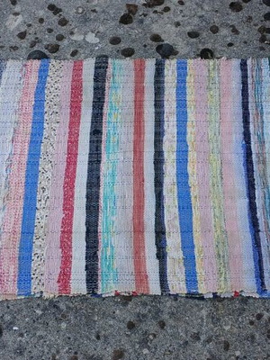 Handmade woven rag rug used, multicolored stripes