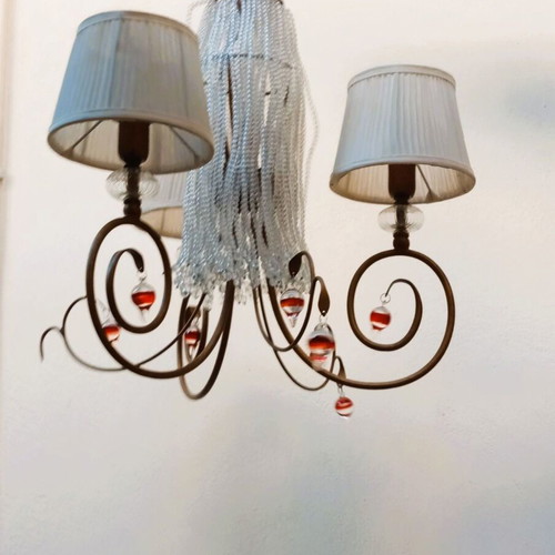 Viokef chandelier with 3 lampshades and 1 central bulb, used