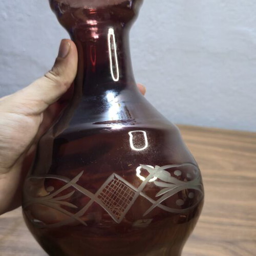 Vintage liqueur set in dark Bordeaux glass with 3 glasses like new