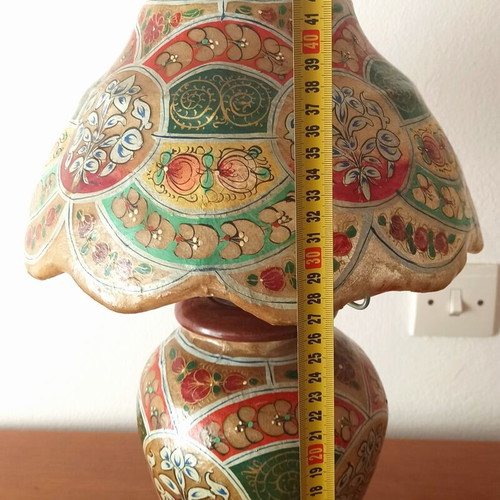 Vintage table lamp handmade from camel leather and wood, used