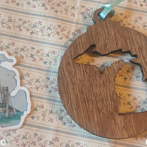 Michigan sticker and wooden ornament new