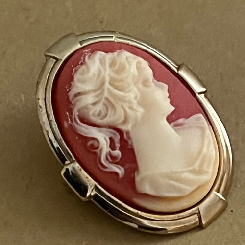 Maty vintage cameo pin used, orange and gold colors