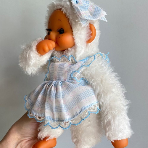 El Greco vintage white monkey plush toy in dress