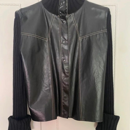 Pinko black leather jacket with white stitching like new size L