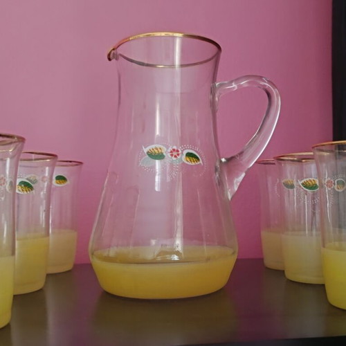Water pitcher with 6 glasses like new, glass from 1920