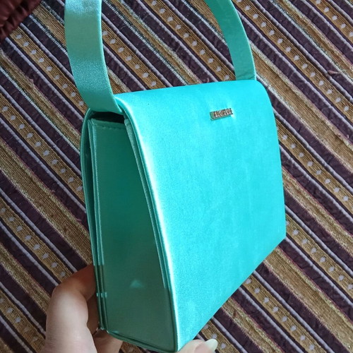 Satin bag unused with strap and chain turquoise
