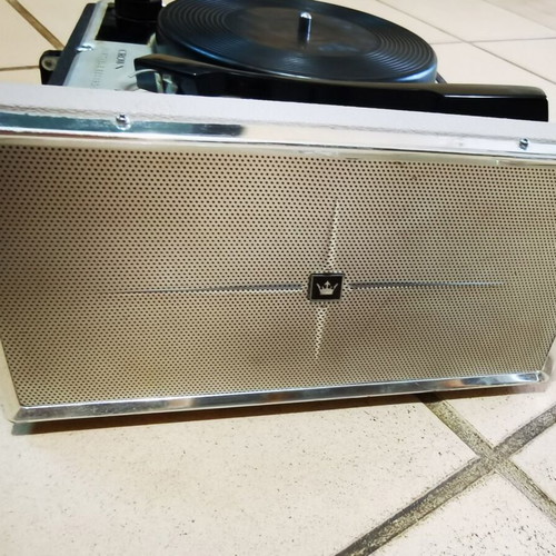 Crown portable record player used, 1960s with leather case