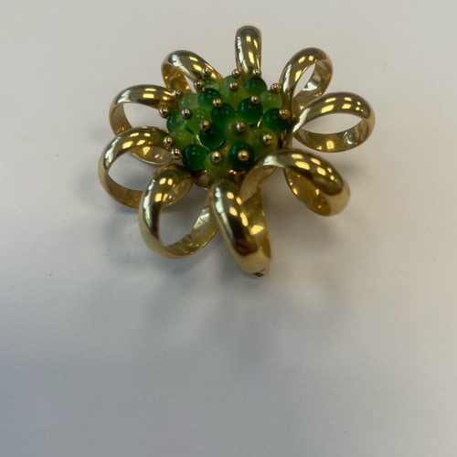 Vintage gold-plated flower brooch used, green accents