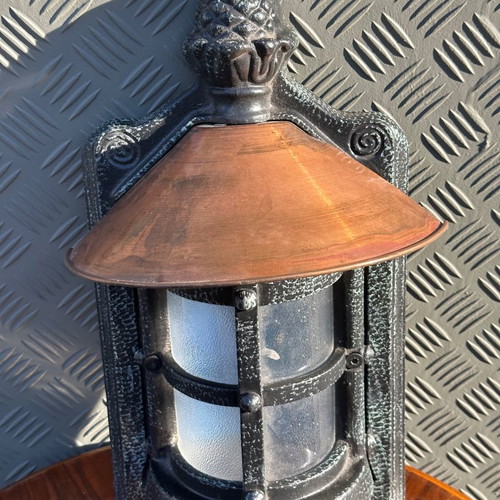 Old metal outdoor lantern used, functional