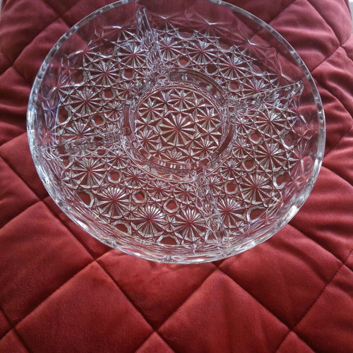 Crystal round serving platter with five sections and intricate embossed design, new