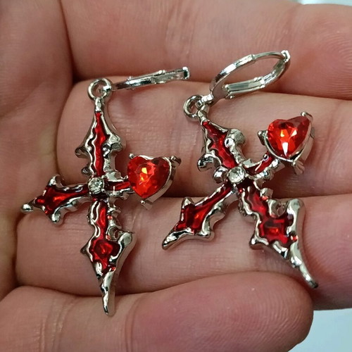 Women's earrings amethyst heart with enamel steel cross tribal new