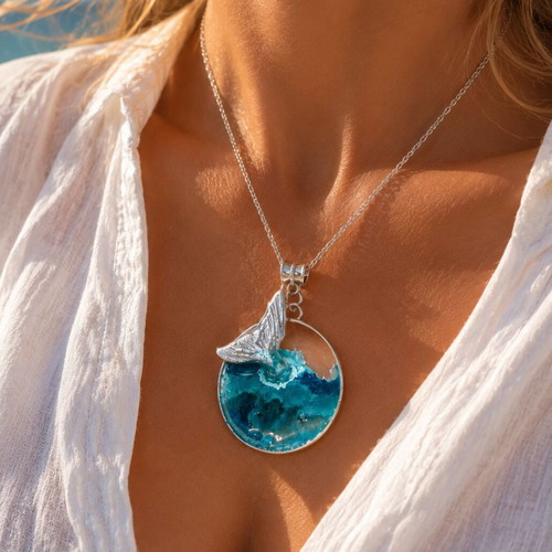 Handmade Long Necklace Mermaid with Polymer Clay and Resin in Silver Frame