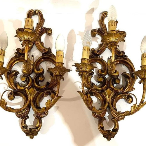 Pair of 2 French wall sconces used, gilded wood and iron