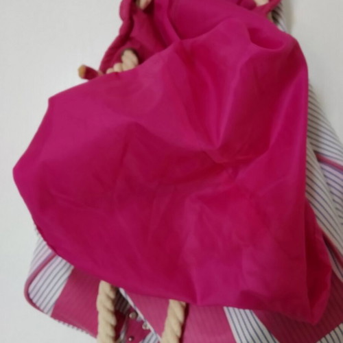 Lovie beach bag used, 100% cotton, white with blue stripes and pink letters