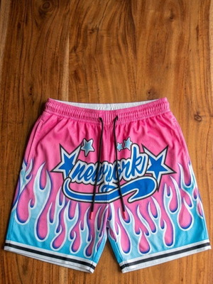 Vintage Style Mesh Basketball Shorts "New York Flames" new, pink and blue