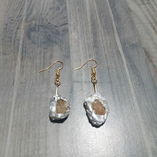 Raw Stone Handmade Earrings with Metal Detail and Natural Stone