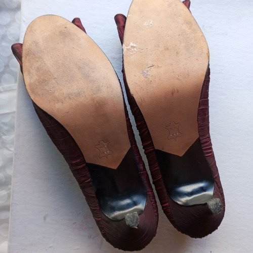 Handmade satin pumps by Kehagiopoulos, deep red, like new