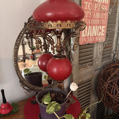 Vintage table lamp and carved oval mirror set used