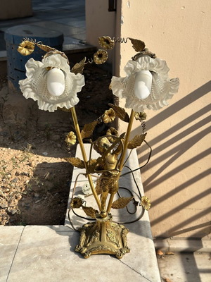 Two-Light Antique Angel Lamp used with bronze base and glass shades