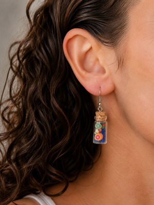 Handmade earrings vials with blue sand and fruit