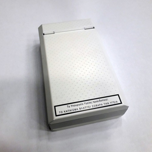 Plastic cigarette pack case used, white and silver