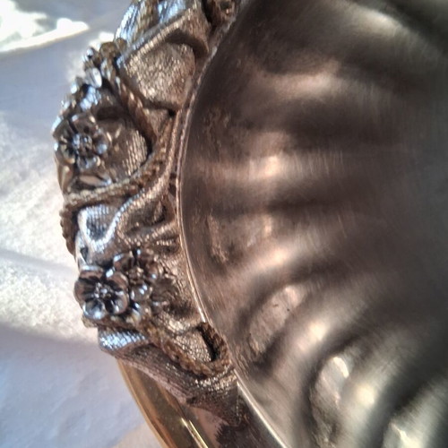 Vintage silver-plated fruit bowl used, baroque design, 37cm