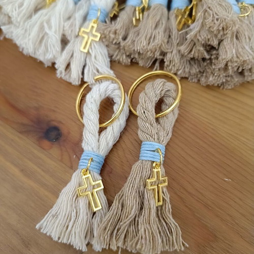 Handmade martyrika keychains with blue cord and metal cross, pack of 50