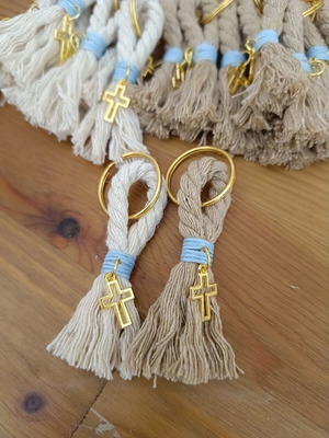 Handmade martyrika keychains with blue cord and metal cross, pack of 50