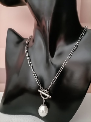 Ατσάλινο κολιέ statement με πέρλα και paperclip αλυσίδα, καινούργιο