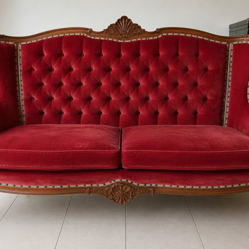 French Provincial Louis XV Style Living Room Suite 6-Piece Burgundy Velvet Like New