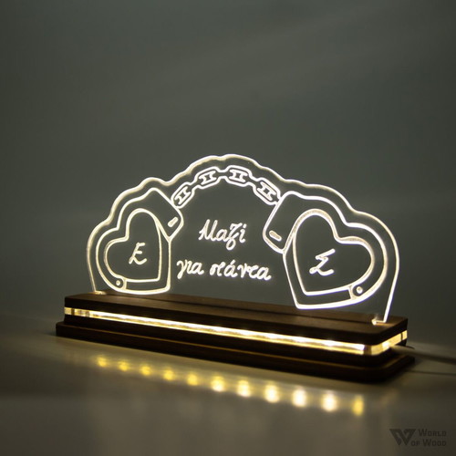 LED lamp "Heart Handcuffs" handmade with wooden base and plexiglass